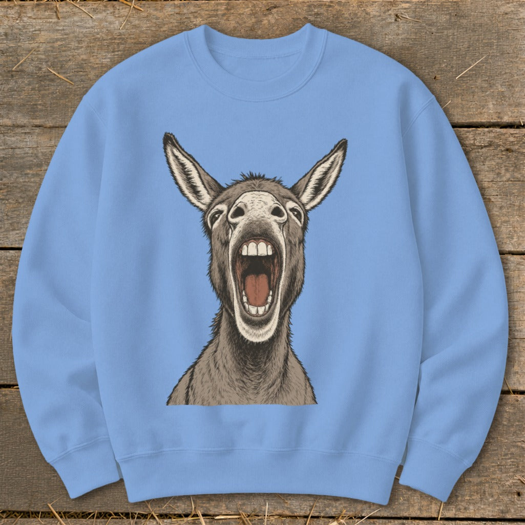 Light blue sweatshirt with a detailed drawing of a donkey's head with mouth wide open.
