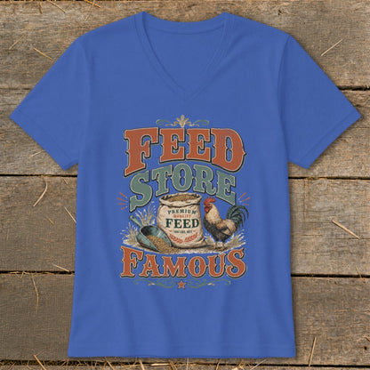 Blue t-shirt with "FEED STORE FAMOUS" text, sack of feed, shovel, and rooster graphic.