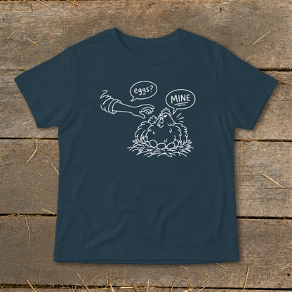 T-shirt with white line drawing of a chicken and eggs, and speech bubbles.
