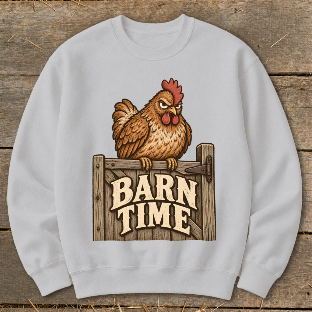Light gray sweatshirt with a brown chicken sitting on a wooden gate that says "BARN TIME".