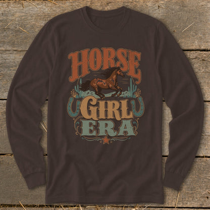 Brown long sleeve shirt with "HORSE GIRL ERA" text and a horse graphic.