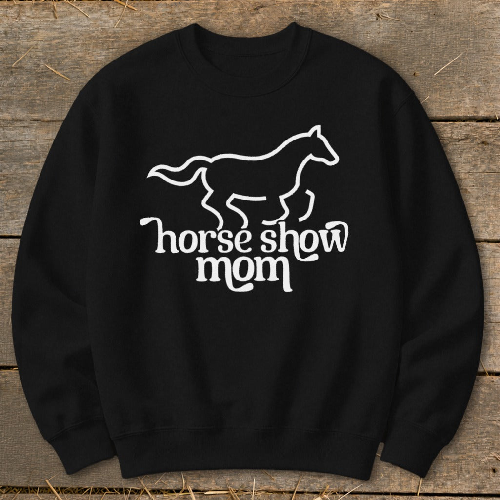 Black sweatshirt with white line art horse and text "horse show mom".