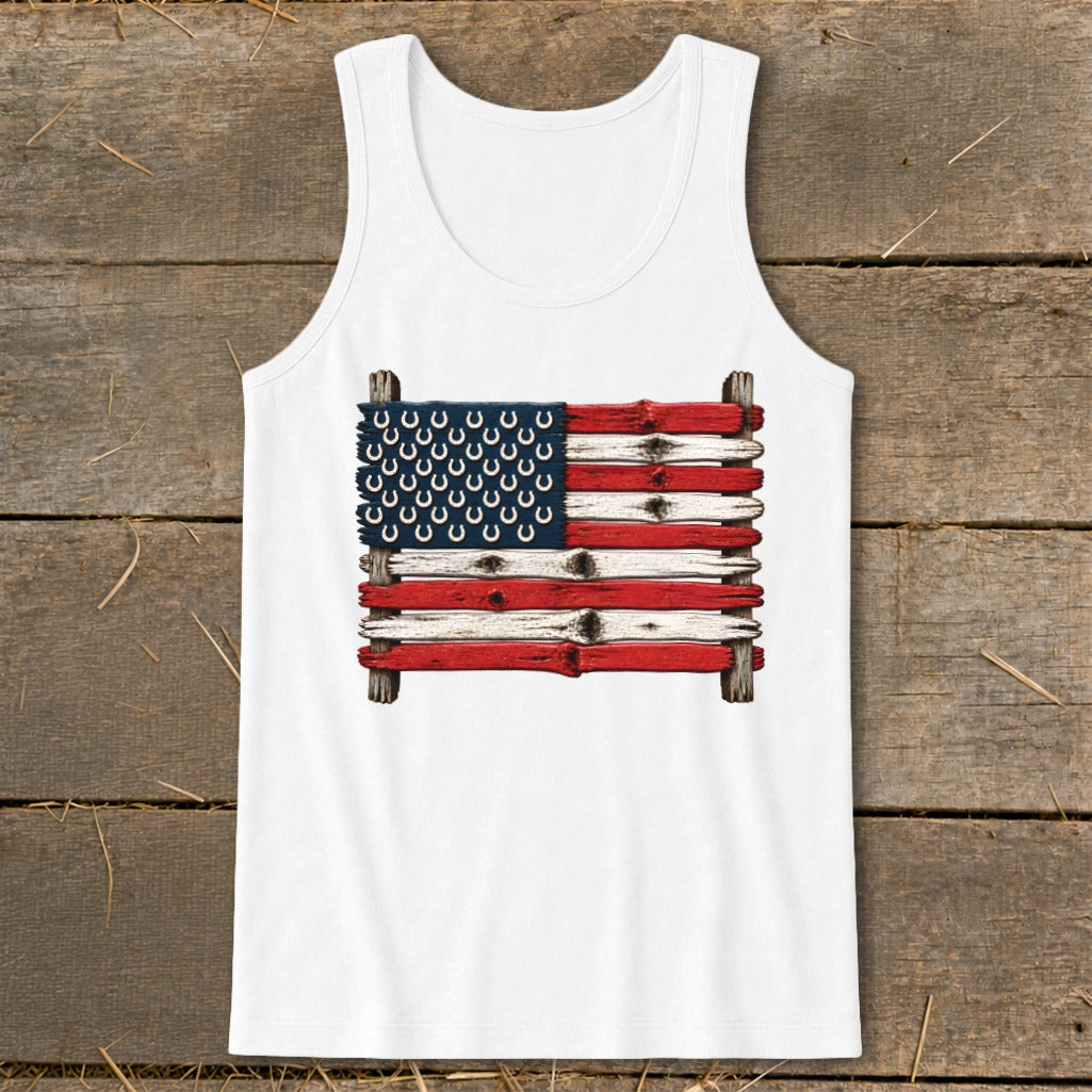 White tank top featuring an American flag graphic made of rustic wooden planks and horseshoes.