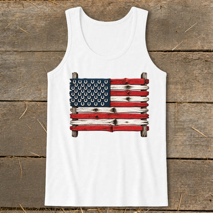 White tank top featuring an American flag graphic made of rustic wooden planks and horseshoes.