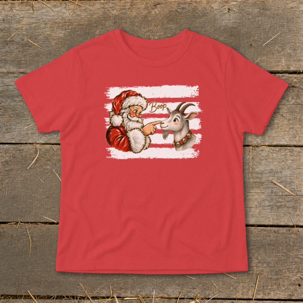 Santa booping a goat's nose with the word "Boop" on a red t-shirt.