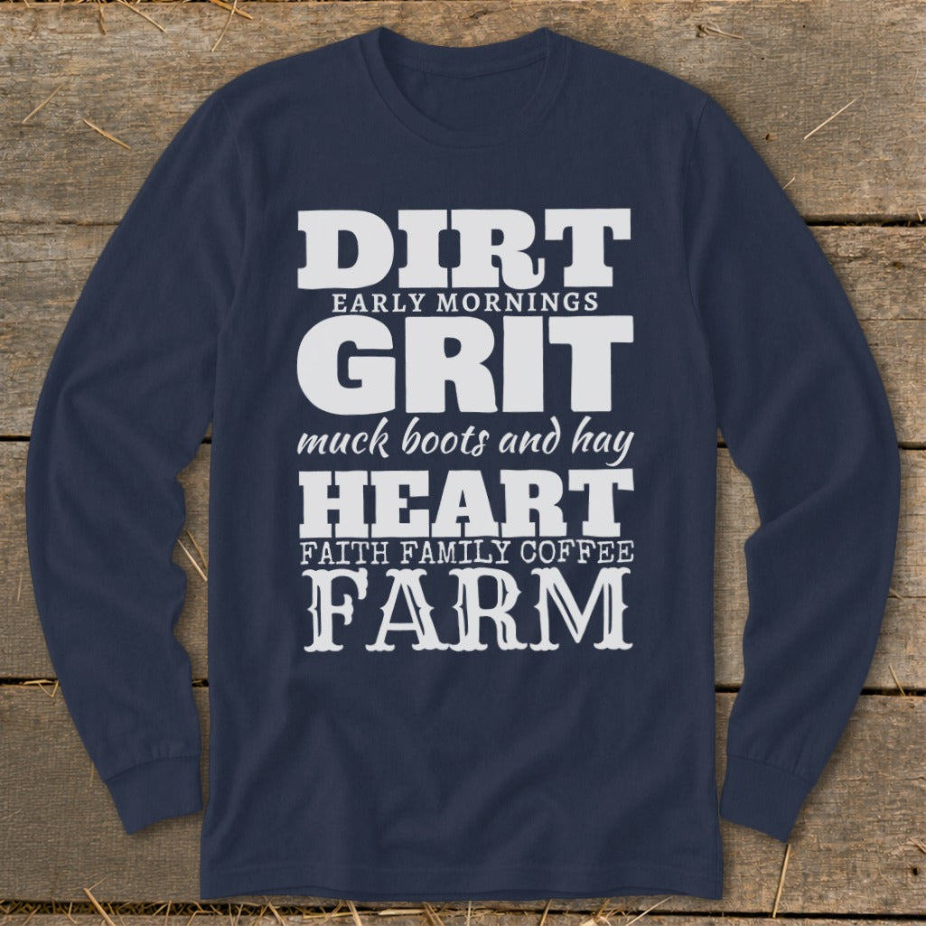 Navy long-sleeve shirt with "Dirt, Grit, Heart, Farm" text design.