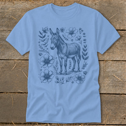 Light blue t-shirt with a vintage sketch of a donkey and floral elements.