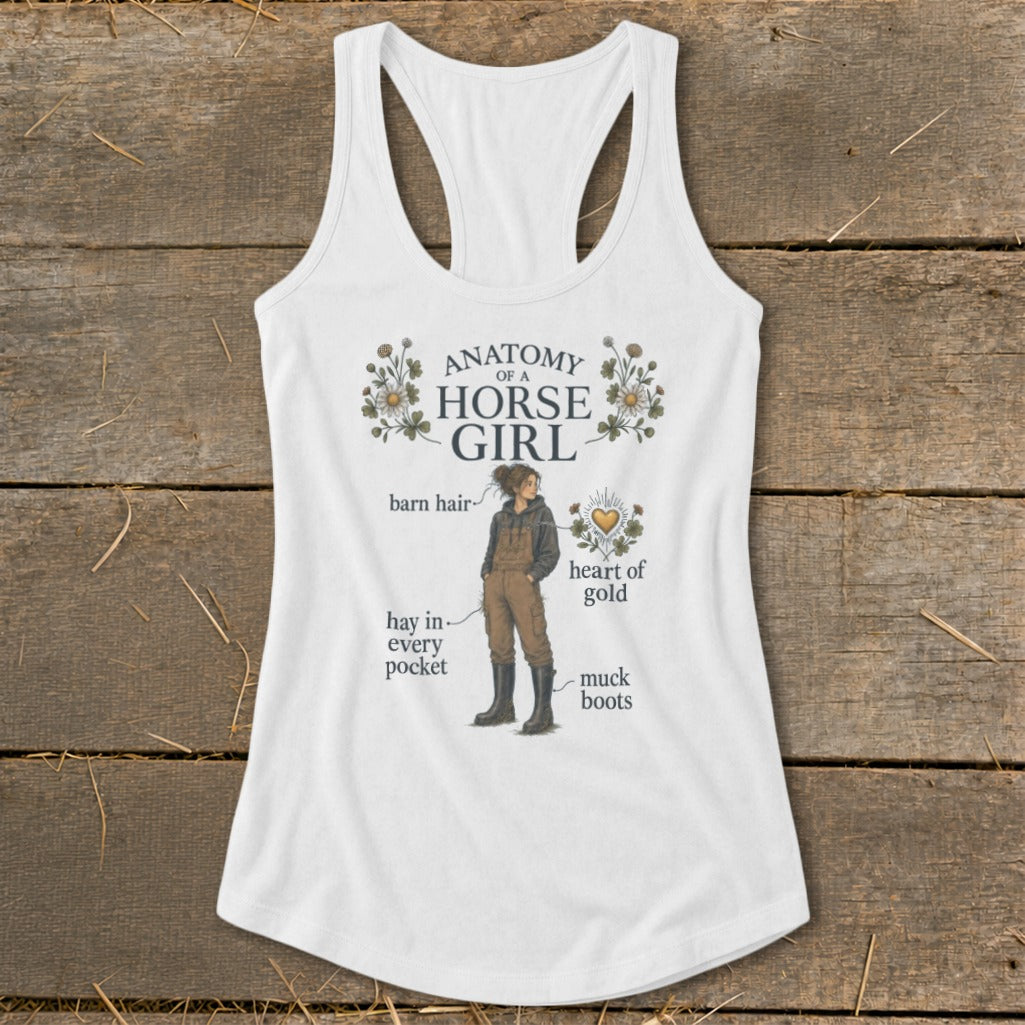 White tank top with "Anatomy of a Horse Girl" graphic featuring a girl and labeled features.