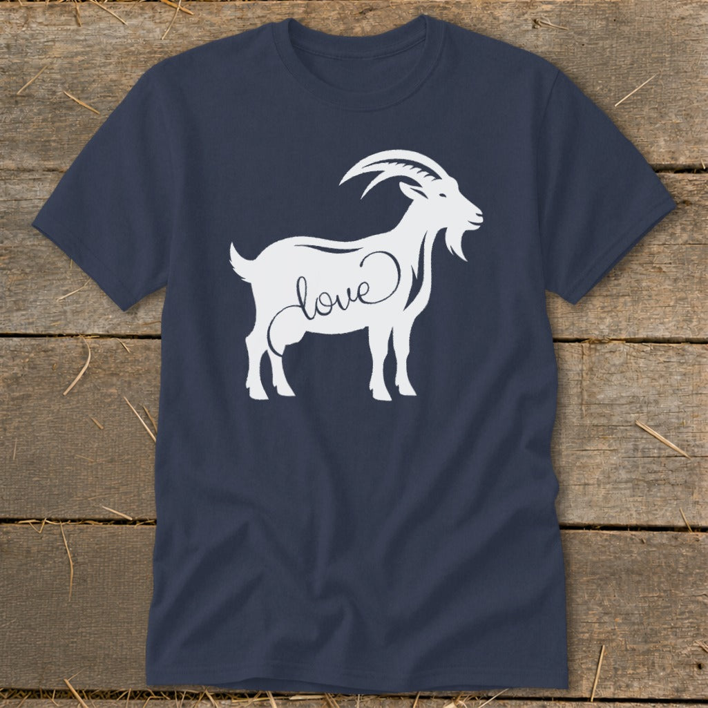 Navy t-shirt with white goat silhouette featuring the word "love" on its body.