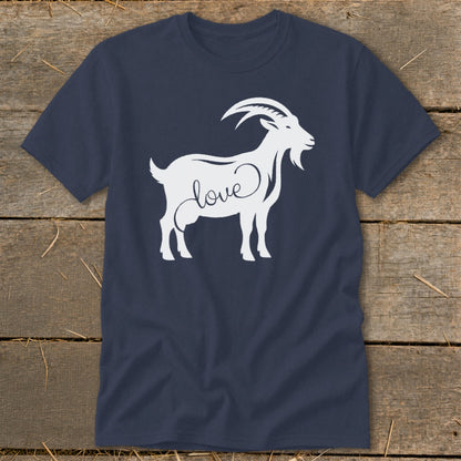 Navy t-shirt with white goat silhouette featuring the word "love" on its body.