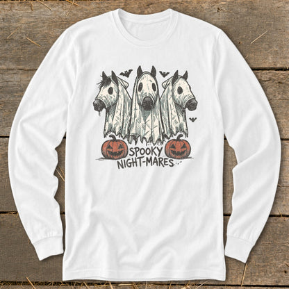 Three horses in ghost costumes with pumpkins and bats, text "Spooky Night-Mares".