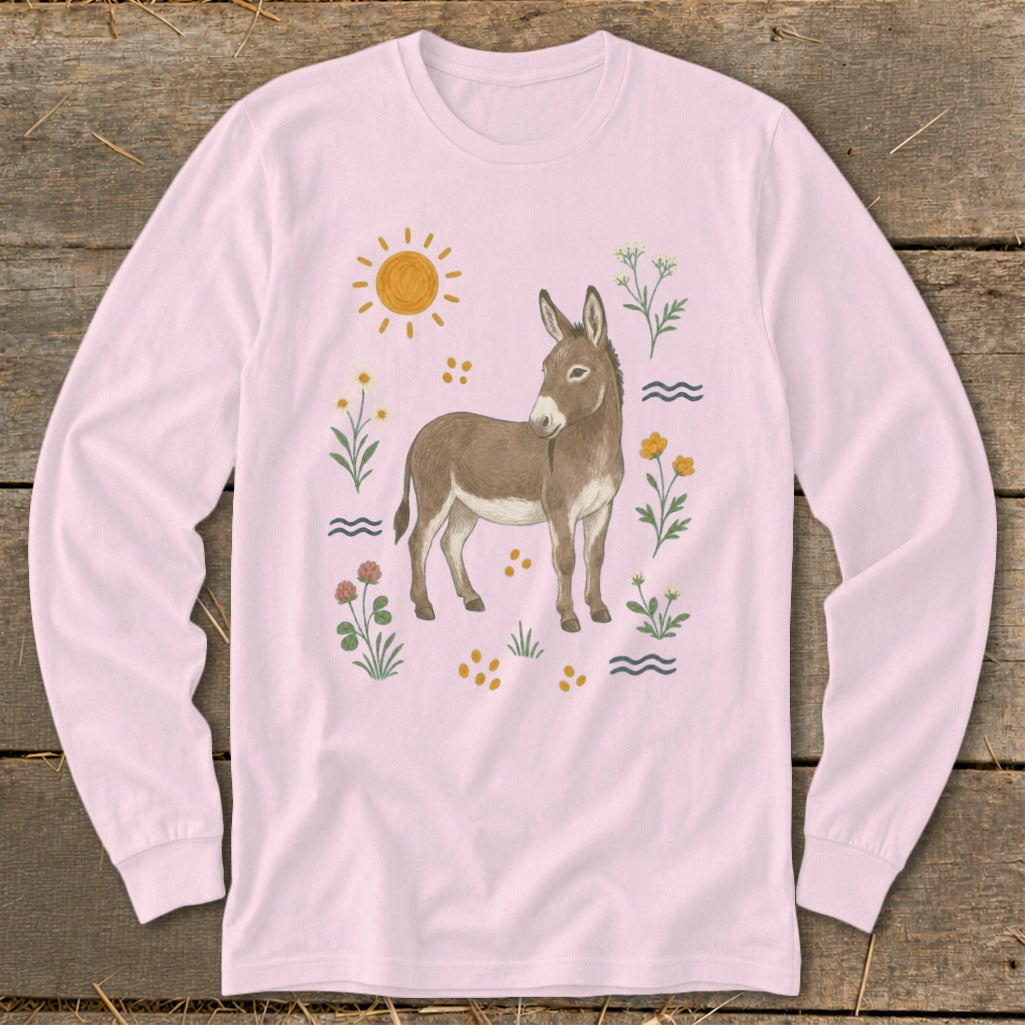 Pink long-sleeve shirt with a watercolor donkey and floral design.