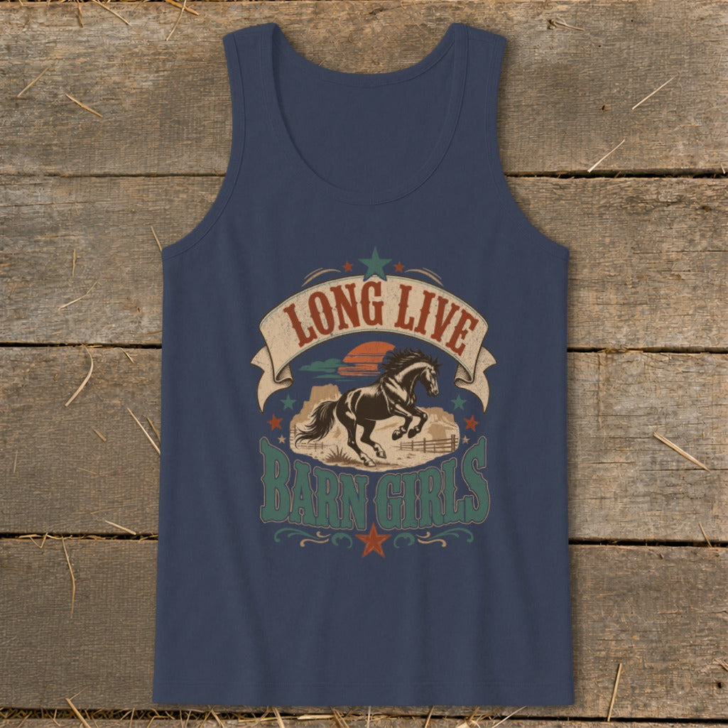 Navy tank top with "Long Live Barn Girls" text and horse graphic.
