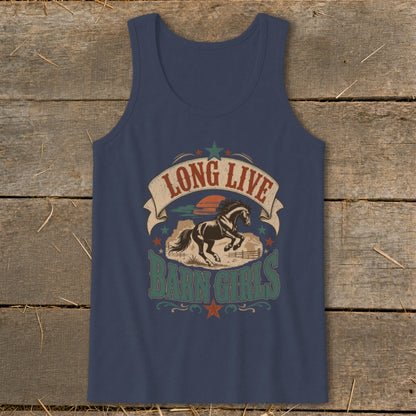 Navy tank top with "Long Live Barn Girls" text and horse graphic.