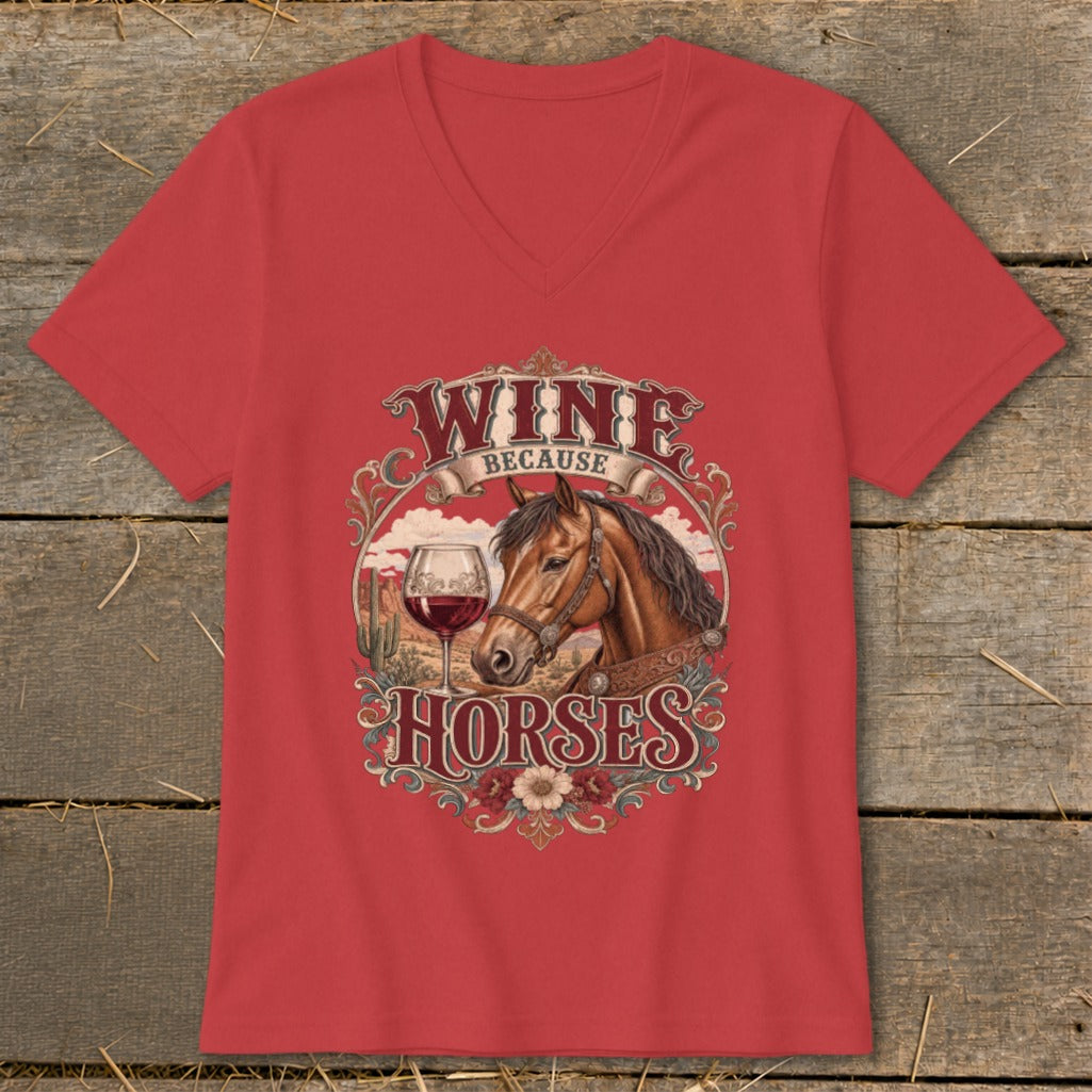 Red t-shirt with "Wine Because Horses" graphic featuring a horse and wine glass.