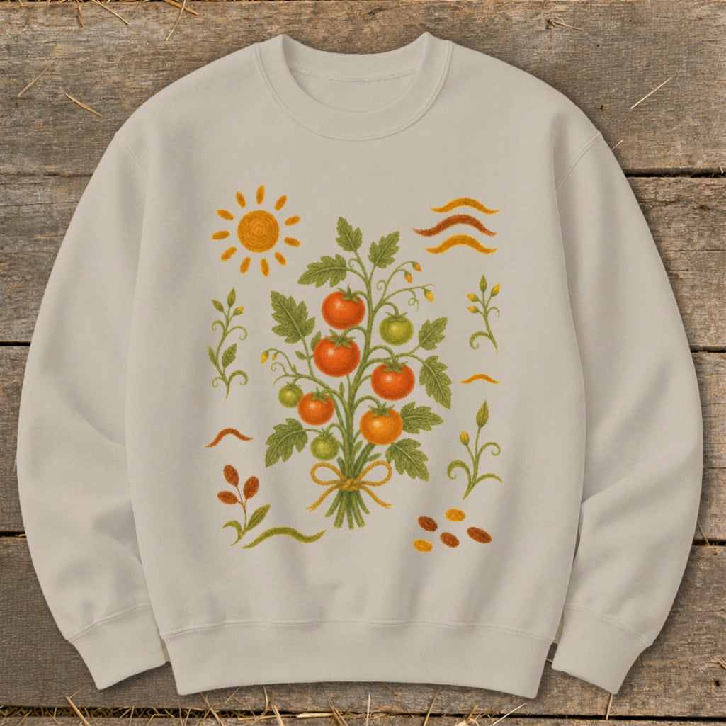 Light tan sweatshirt with a stylized tomato plant, sun, and wavy lines graphic.
