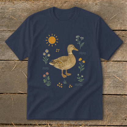 Navy t-shirt with a mallard duck and floral illustration, featuring a sun.