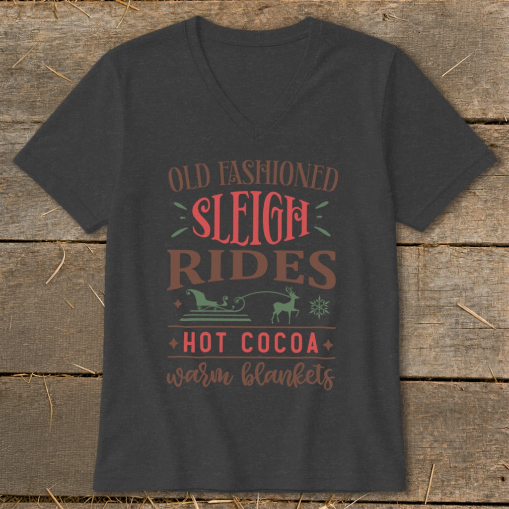 Dark gray v-neck t-shirt with "Old Fashioned Sleigh Rides Hot Cocoa Warm Blankets" text.