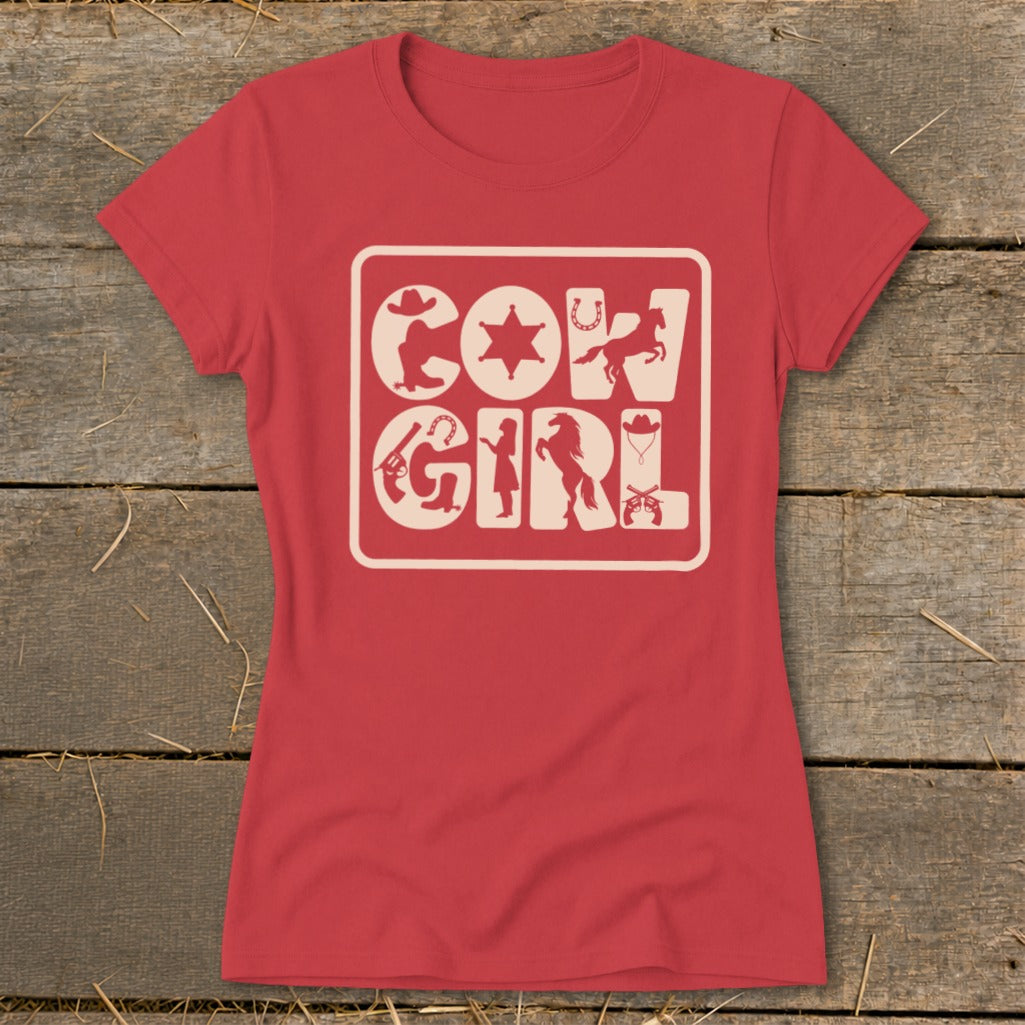 Red t-shirt with "COWGIRL" design featuring cowboy hats, horses, and guns.