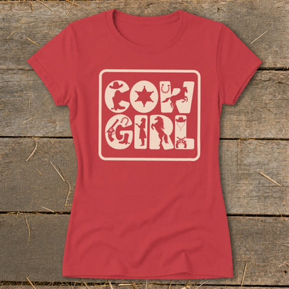 Red t-shirt with "COWGIRL" design featuring cowboy hats, horses, and guns.
