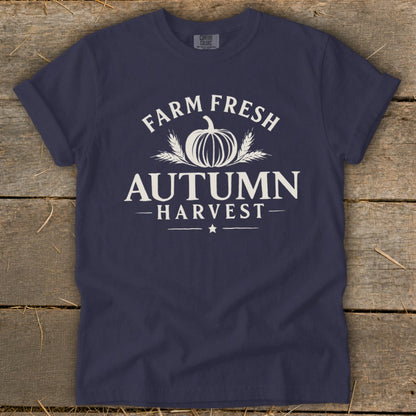 Navy t-shirt with "Farm Fresh Autumn Harvest" and pumpkin graphic.