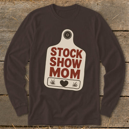 Brown long sleeve shirt with "Stock Show Mom" text and heart graphic.