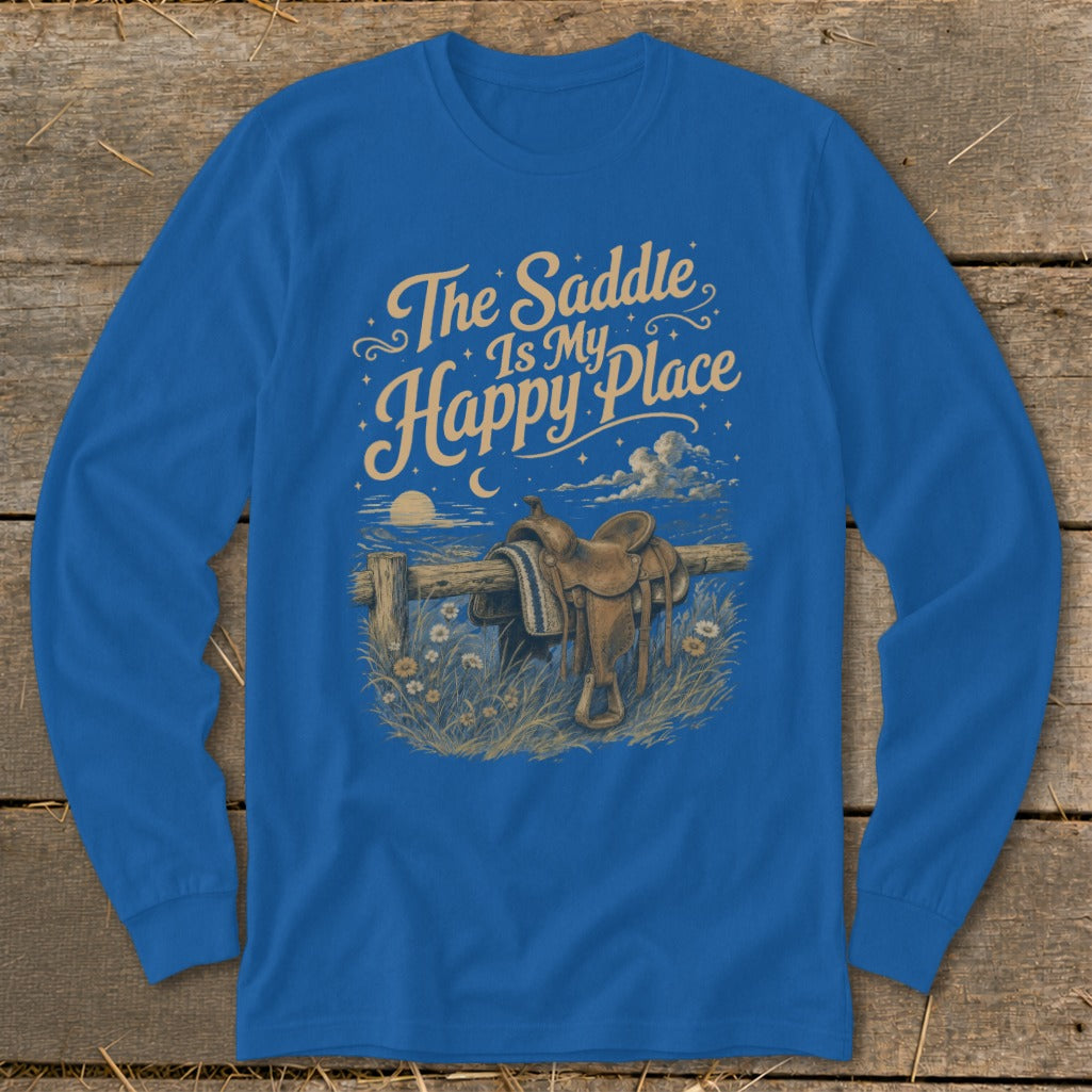 Blue long sleeve shirt with a saddle on a fence and text.