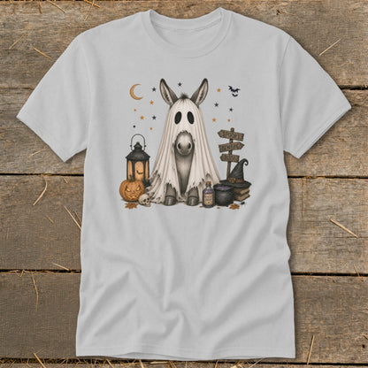 Donkey dressed as a ghost with Halloween decorations and spooky signs.