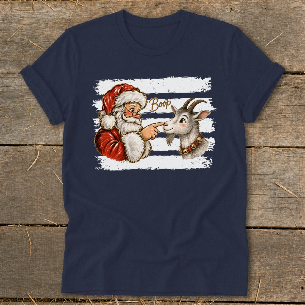 Santa booping a goat with "Boop" text on a navy blue t-shirt.