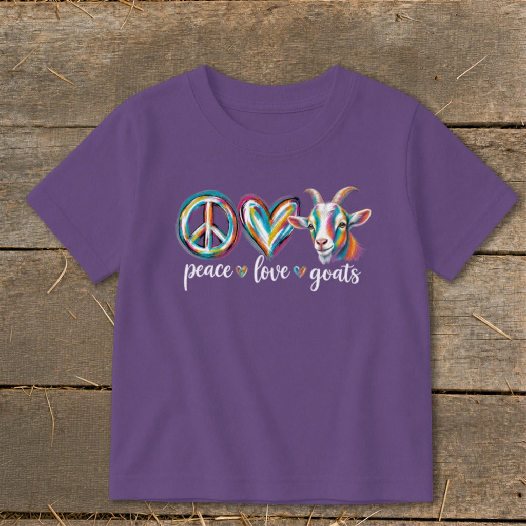 Purple t-shirt with watercolor peace sign, heart, and goat graphic with text.