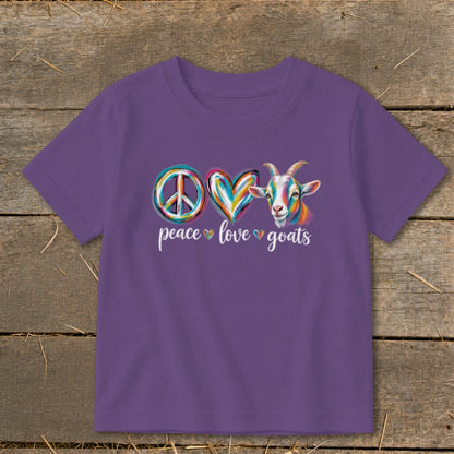 Purple t-shirt with watercolor peace sign, heart, and goat graphic with text.
