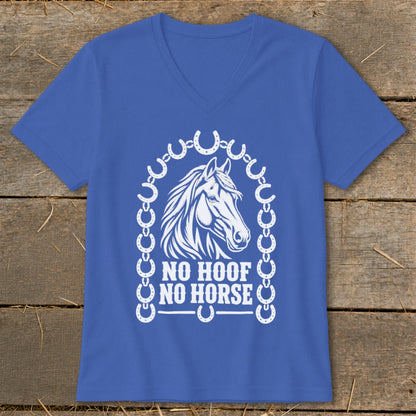 Blue v-neck t-shirt with white horse head graphic and "NO HOOF NO HORSE" text.