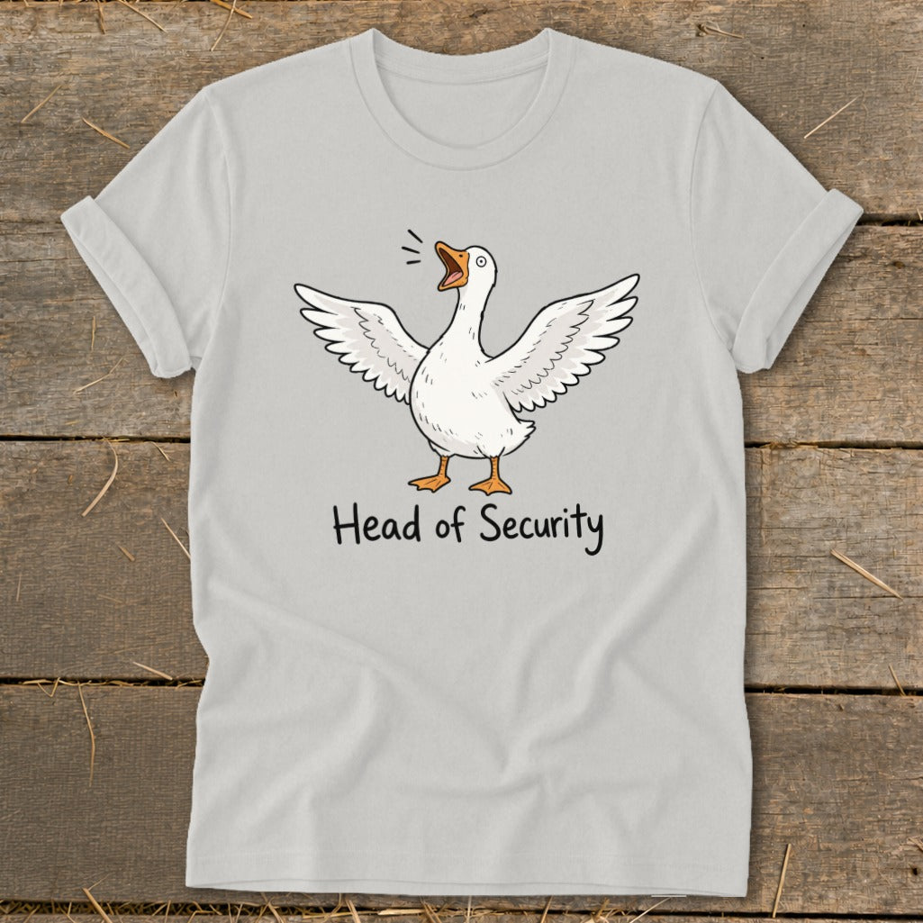 White t-shirt with graphic of a goose spreading its wings and the text "Head of Security".