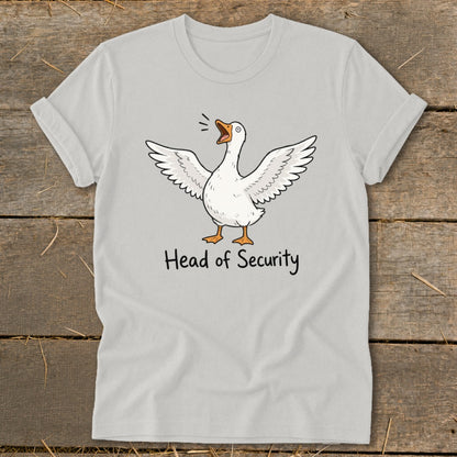 White t-shirt with graphic of a goose spreading its wings and the text "Head of Security".
