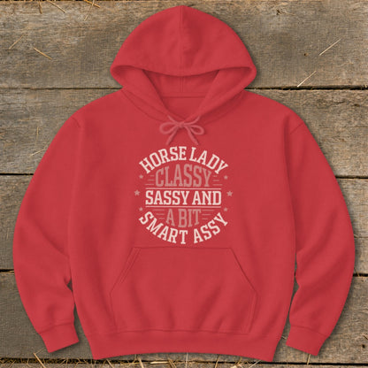 Red hoodie with text "Horse Lady Classy Sassy and a bit smart assy".