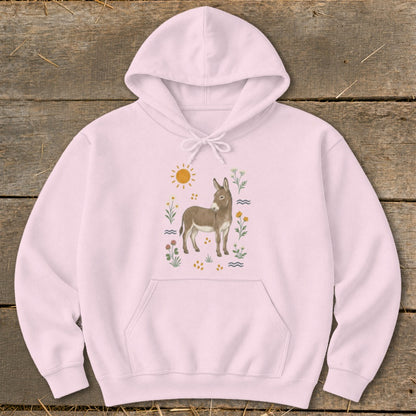 Pink hoodie with a whimsical donkey and floral print.