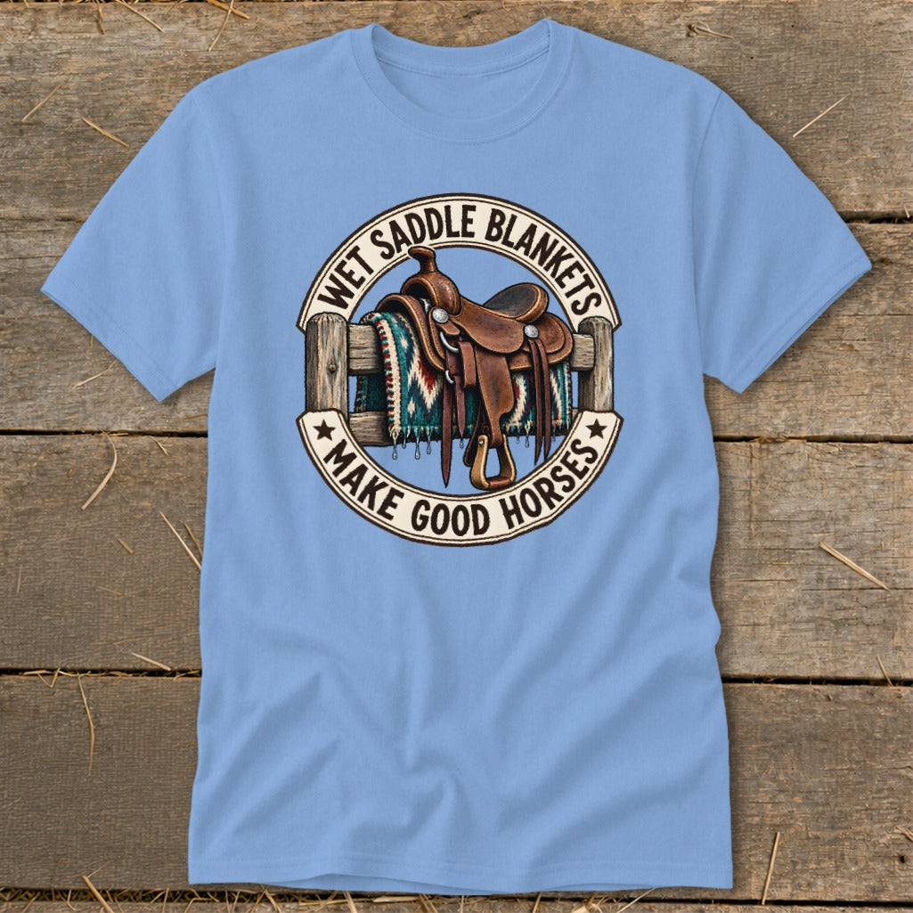 Light blue t-shirt with a circular graphic featuring a saddle and blanket on a fence.
