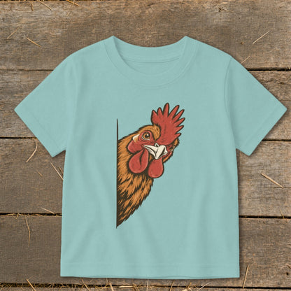 Teal t-shirt with a peeking rooster illustration on the front.
