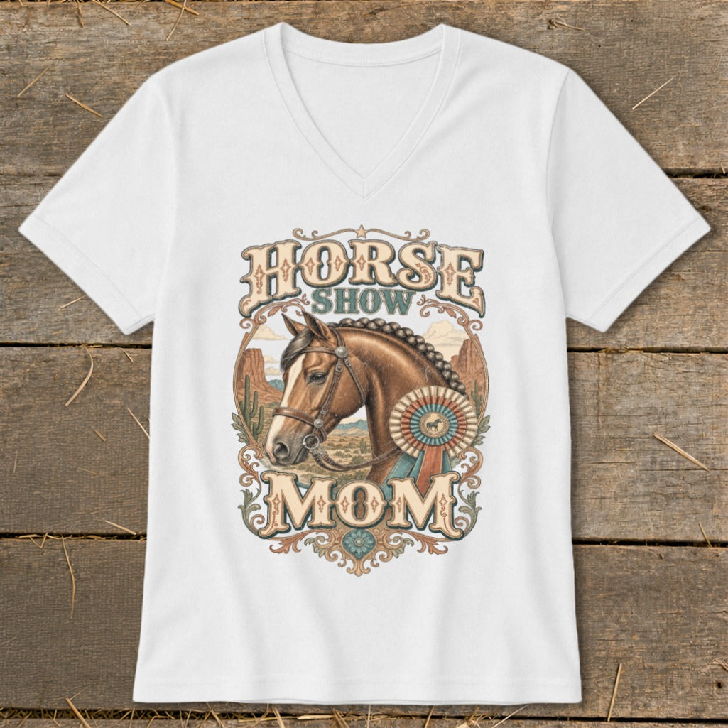 Horse Show Mom graphic with horse, ribbon, and desert background on a white shirt.