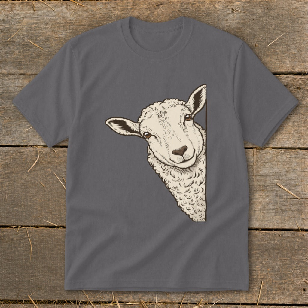 T-shirt with a sheep peeking from the side with a smiling face.