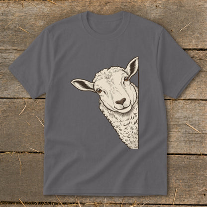 T-shirt with a sheep peeking from the side with a smiling face.
