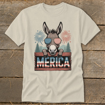 Donkey wearing American flag sunglasses holds sign saying MERICA with fireworks.