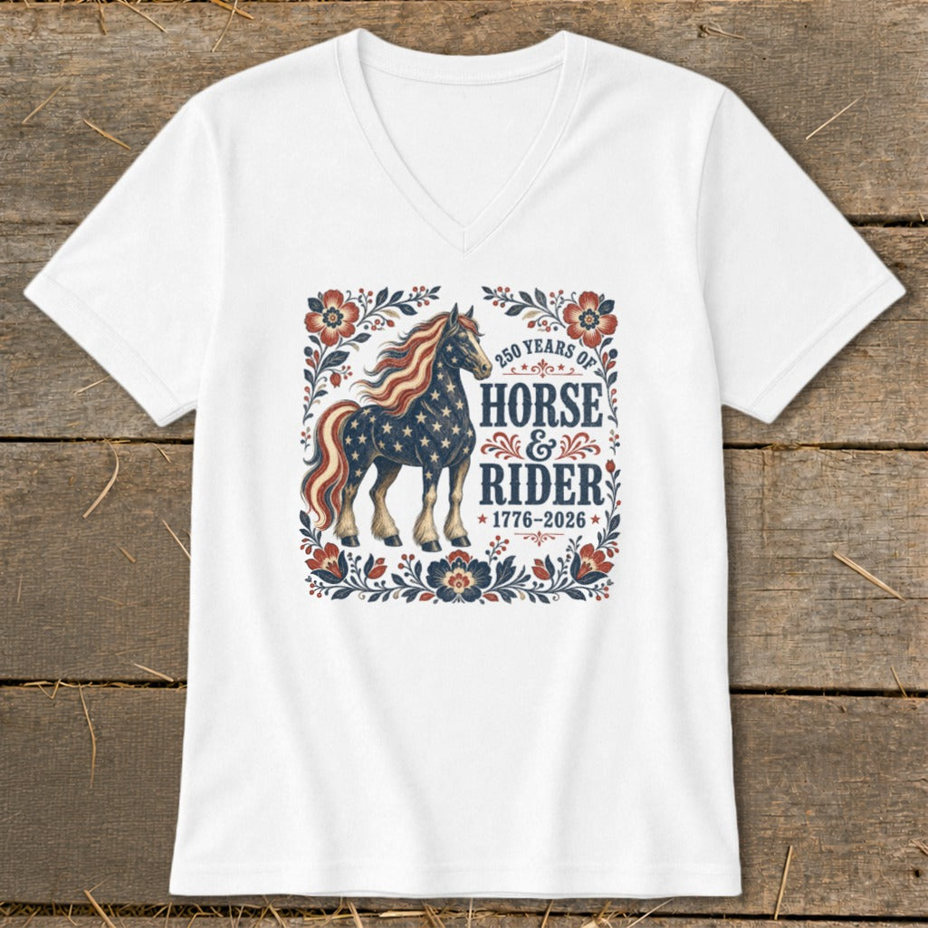 White t-shirt with a patriotic horse graphic and "250 Years of Horse & Rider 1776-2026".