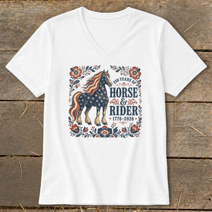 White t-shirt with a patriotic horse graphic and "250 Years of Horse & Rider 1776-2026".