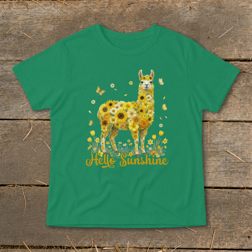 Green t-shirt with a llama made of sunflowers and "Hello Sunshine" text.