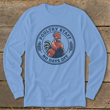 Light blue long-sleeve shirt with a rooster graphic and text.
