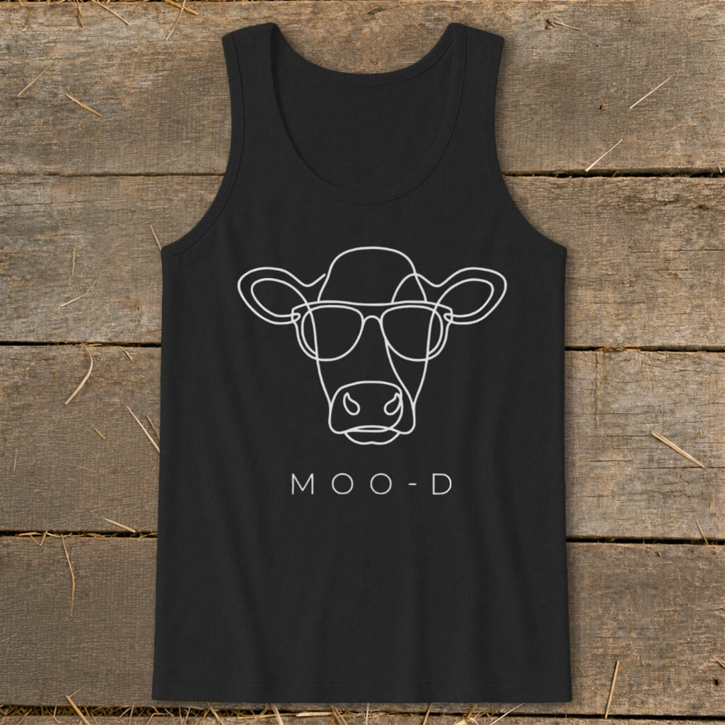 Black tank top with white line art of a cow wearing sunglasses and "MOO-D" text.