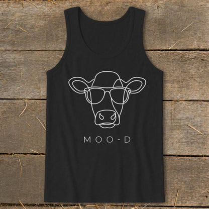 Black tank top with white line art of a cow wearing sunglasses and "MOO-D" text.