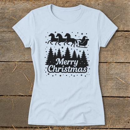 Light blue t-shirt with a black graphic of Santa's sleigh pulled by horses and "Merry Christmas" text.