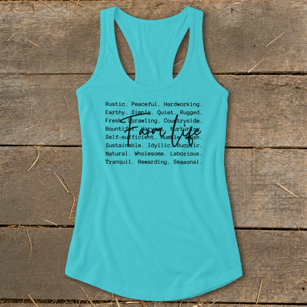 Turquoise tank top with black text listing farm life descriptive words.